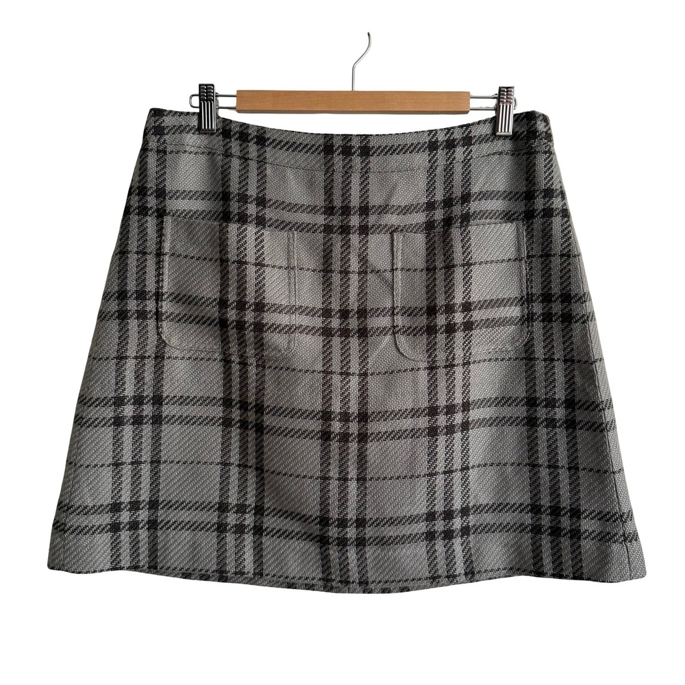 J.Crew Gray Black Plaid Mini Skirt Front Pockets Size 12 Tweed Fall Autumn NWT